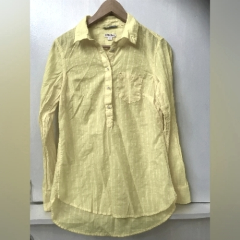 Merona yellow and white striped womens half button down